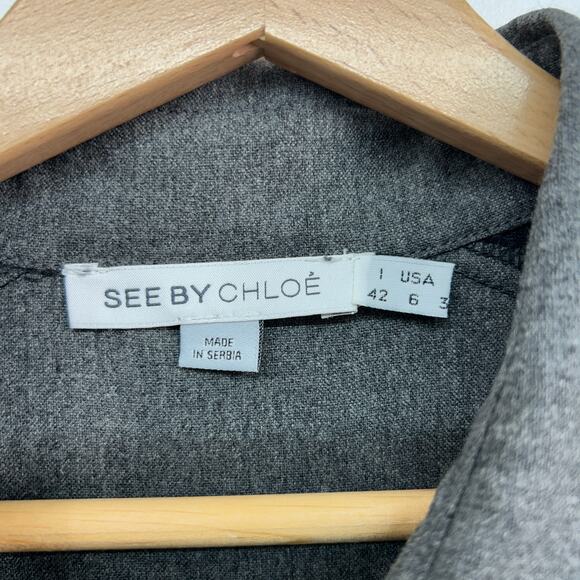 $598 See by Chloe Gray Black Belted Button Up Collared Long Sleeve Mini Dress 6 - Picture 8 of 9